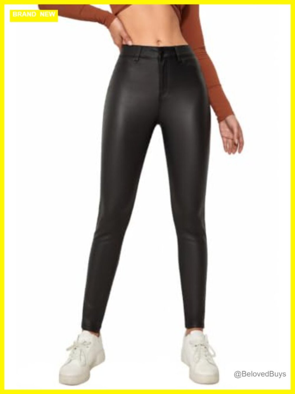 Faux Leather Stretchy Skinny Jeggings Mid Waisted with Pockets